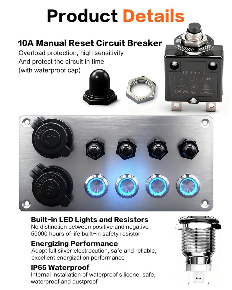 IZTOSS 4 Gang Aluminum Push Button Switch Panel with 5V/4.8 Dual USB Socket Outlet Circuit Breaker for Marine RV Boat Caravan Yacht - Image 4